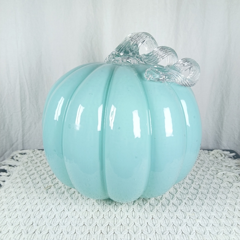 11" Hand-Blown Glass Centerpiece Teal Green Pumpkin Textured Stem Fall Autumn